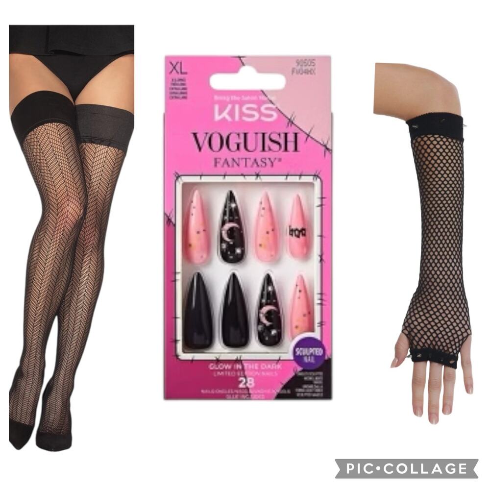 KISS VOGUISH Halloween nails thigh high tights studded fishnet fingerless gloves